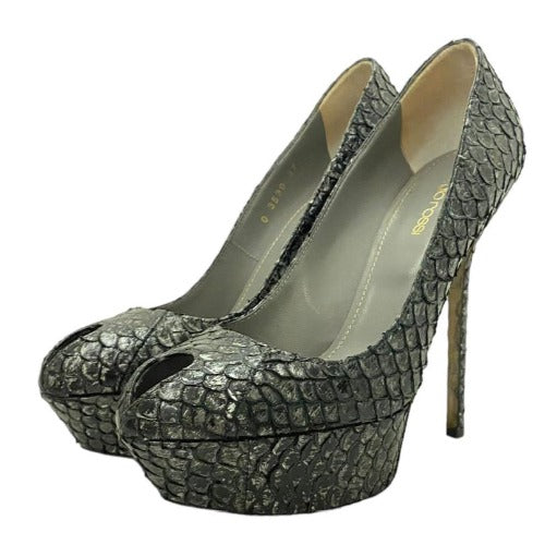 SERGIO ROSSI Gray Python Leather Peep Toe Platform Pumps, Size 37