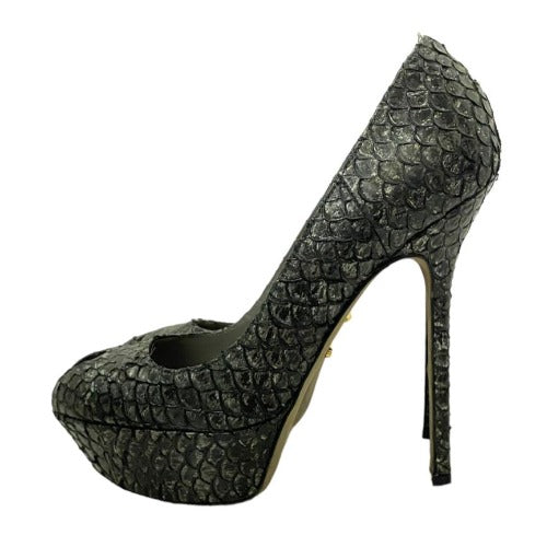 SERGIO ROSSI Gray Python Leather Peep Toe Platform Pumps, Size 37