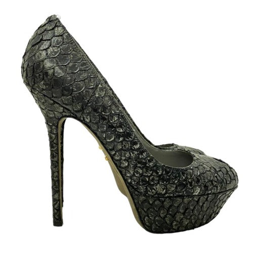 SERGIO ROSSI Gray Python Leather Peep Toe Platform Pumps, Size 37