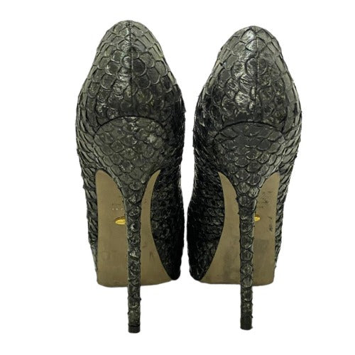 SERGIO ROSSI Gray Python Leather Peep Toe Platform Pumps, Size 37