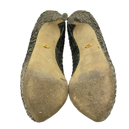 SERGIO ROSSI Gray Python Leather Peep Toe Platform Pumps, Size 37