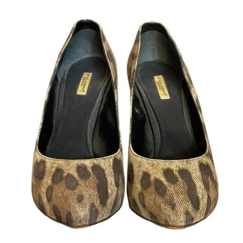 DOLCE & GABBANA Brown/Beige/Black Leopard Print Denim Pumps, Size 39