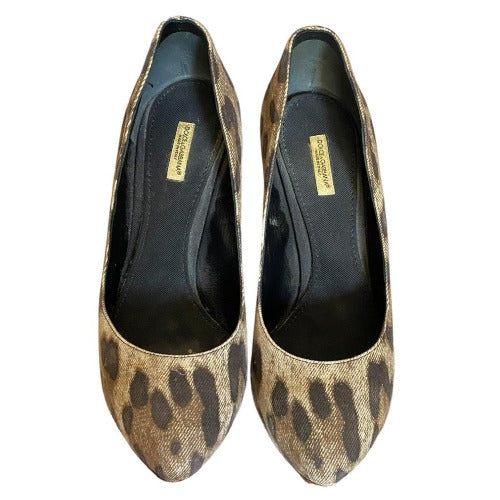 DOLCE & GABBANA Brown/Beige/Black Leopard Print Denim Pumps, Size 39