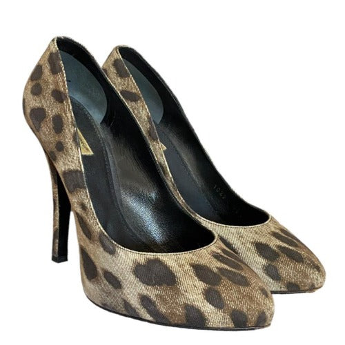 DOLCE & GABBANA Brown/Beige/Black Leopard Print Denim Pumps, Size 39