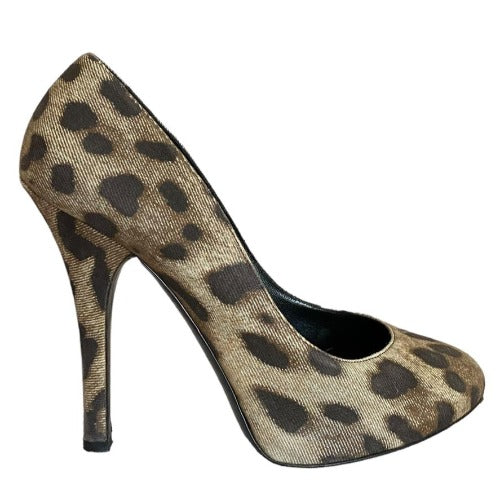 DOLCE & GABBANA Brown/Beige/Black Leopard Print Denim Pumps, Size 39
