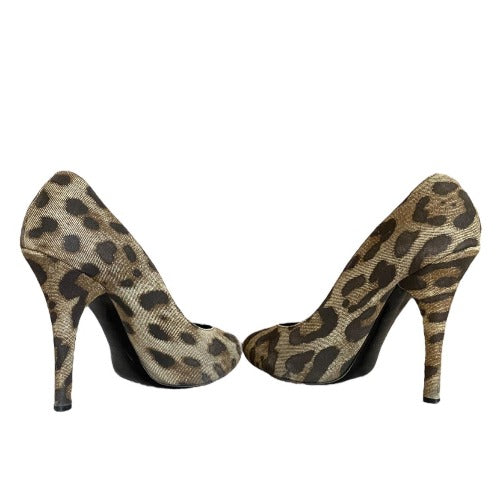 DOLCE & GABBANA Brown/Beige/Black Leopard Print Denim Pumps, Size 39