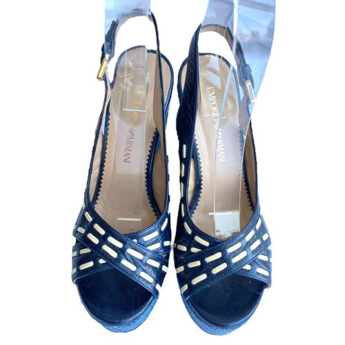 NEW EMPORIO ARMANI Navy Leather Crisscross Strappy, Blue Wicker Wedges, 36.5