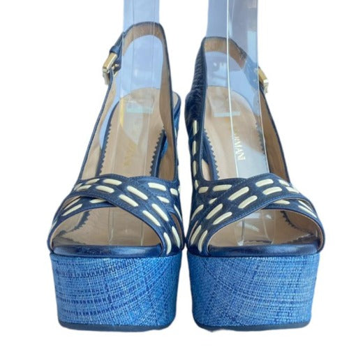 NEW EMPORIO ARMANI Navy Leather Crisscross Strappy, Blue Wicker Wedges, 36.5