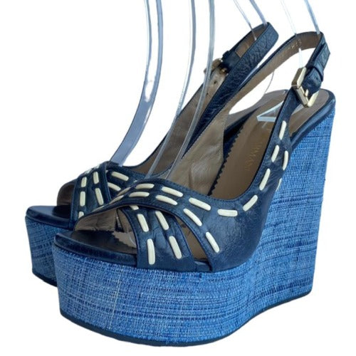 NEW EMPORIO ARMANI Navy Leather Crisscross Strappy, Blue Wicker Wedges, 36.5