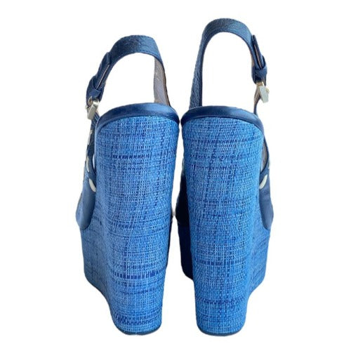 NEW EMPORIO ARMANI Navy Leather Crisscross Strappy, Blue Wicker Wedges, 36.5