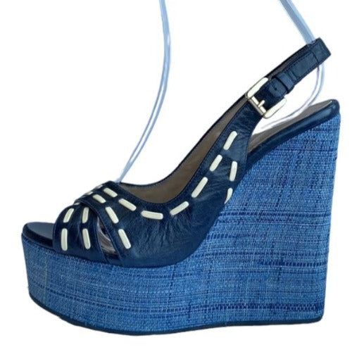 NEW EMPORIO ARMANI Navy Leather Crisscross Strappy, Blue Wicker Wedges, 36.5