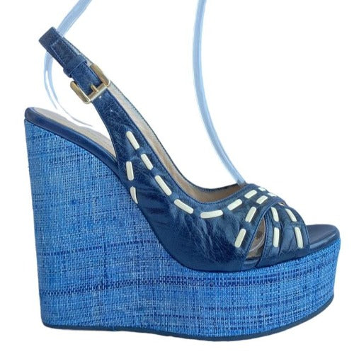 NEW EMPORIO ARMANI Navy Leather Crisscross Strappy, Blue Wicker Wedges, 36.5