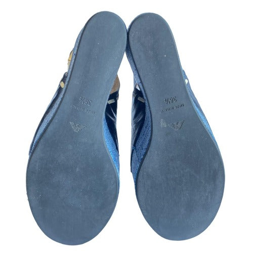 NEW EMPORIO ARMANI Navy Leather Crisscross Strappy, Blue Wicker Wedges, 36.5