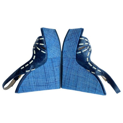 NEW EMPORIO ARMANI Navy Leather Crisscross Strappy, Blue Wicker Wedges, 36.5