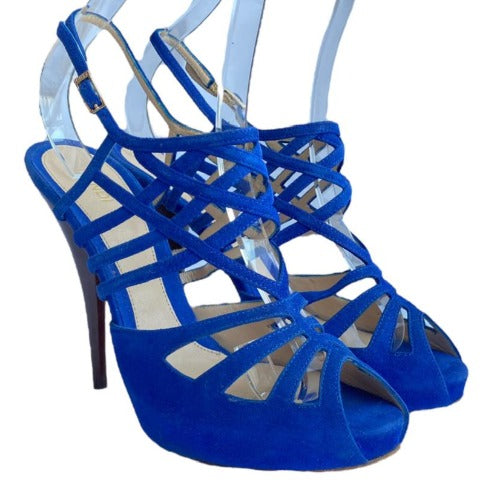 FENDI Royal Blue Suede Strappy Cage Slingback Platform Sandals, Size 40