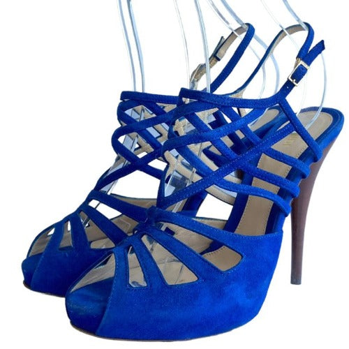 FENDI Royal Blue Suede Strappy Cage Slingback Platform Sandals, Size 40