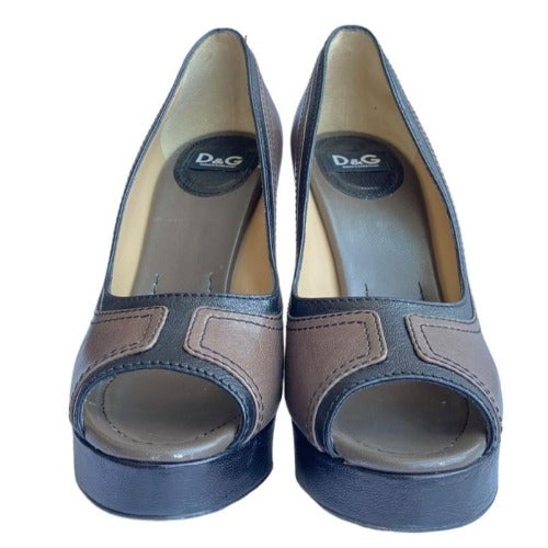 DOLCE & GABBANA Brown & Black Leather Peep Toe Platform Pumps, Size 38.5