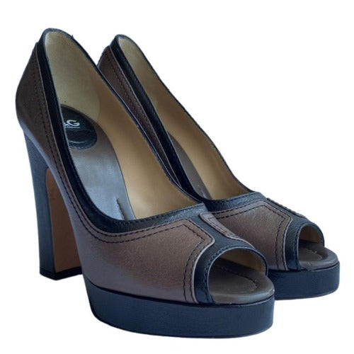 DOLCE & GABBANA Brown & Black Leather Peep Toe Platform Pumps, Size 38.5