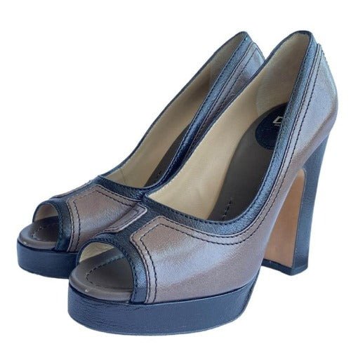 DOLCE & GABBANA Brown & Black Leather Peep Toe Platform Pumps, Size 38.5