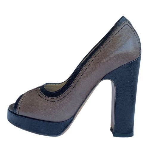 DOLCE & GABBANA Brown & Black Leather Peep Toe Platform Pumps, Size 38.5