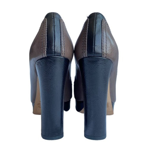 DOLCE & GABBANA Brown & Black Leather Peep Toe Platform Pumps, Size 38.5