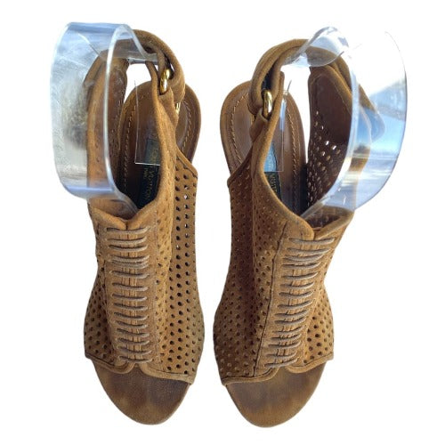 LOUIS VUITTON Brown Perforated Suede Open Toe Ankle Booties, Size 36