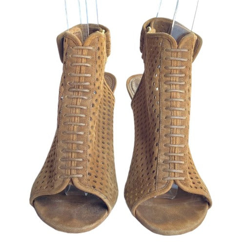 LOUIS VUITTON Brown Perforated Suede Open Toe Ankle Booties, Size 36