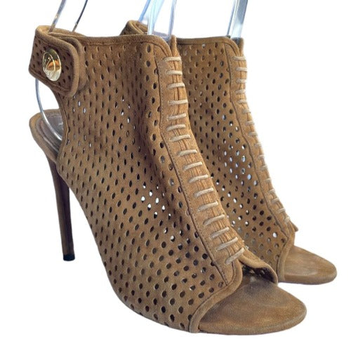 LOUIS VUITTON Brown Perforated Suede Open Toe Ankle Booties, Size 36
