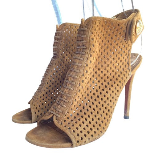 LOUIS VUITTON Brown Perforated Suede Open Toe Ankle Booties, Size 36