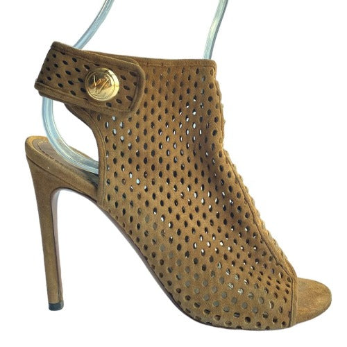LOUIS VUITTON Brown Perforated Suede Open Toe Ankle Booties, Size 36
