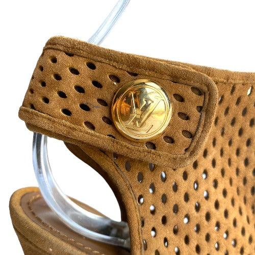 LOUIS VUITTON Brown Perforated Suede Open Toe Ankle Booties, Size 36