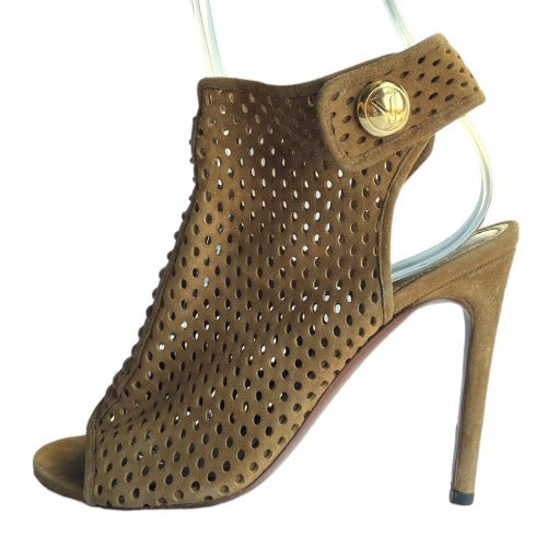 LOUIS VUITTON Brown Perforated Suede Open Toe Ankle Booties, Size 36