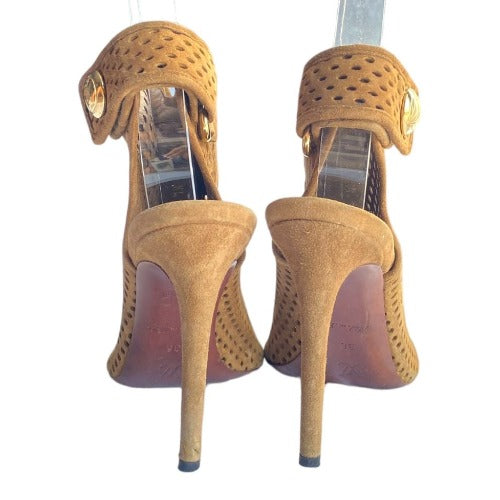 LOUIS VUITTON Brown Perforated Suede Open Toe Ankle Booties, Size 36