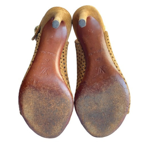 LOUIS VUITTON Brown Perforated Suede Open Toe Ankle Booties, Size 36