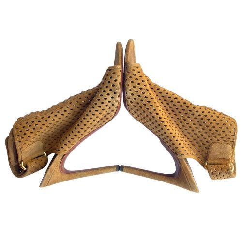 LOUIS VUITTON Brown Perforated Suede Open Toe Ankle Booties, Size 36