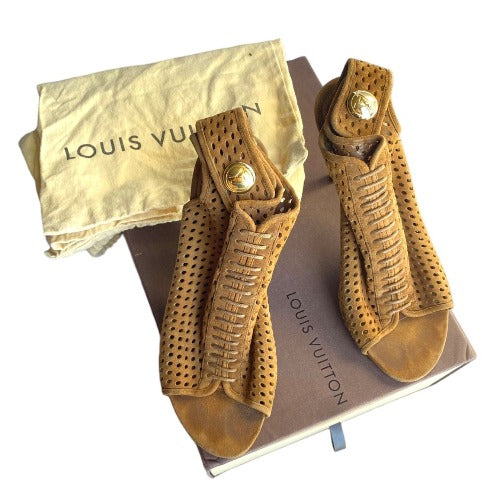 LOUIS VUITTON Brown Perforated Suede Open Toe Ankle Booties, Size 36