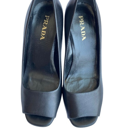 PRADA Black Leather Peep Toe Pumps, Size 36.5