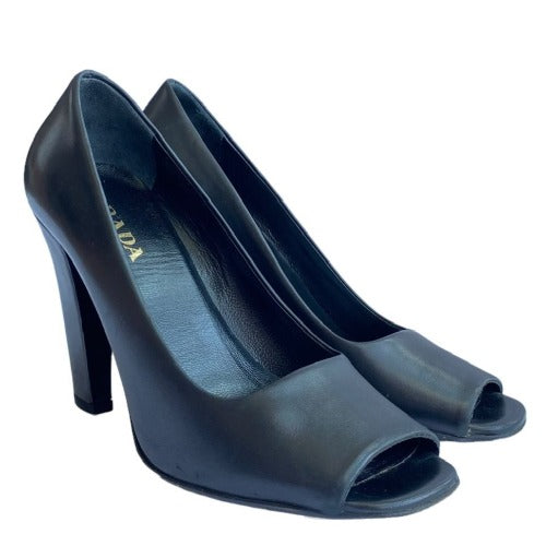 PRADA Black Leather Peep Toe Pumps, Size 36.5
