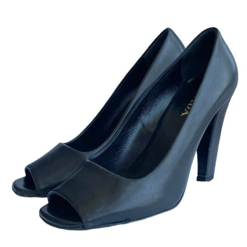 PRADA Black Leather Peep Toe Pumps, Size 36.5