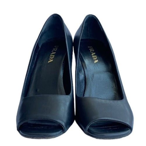 PRADA Black Leather Peep Toe Pumps, Size 36.5