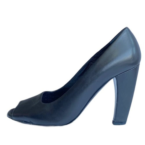 PRADA Black Leather Peep Toe Pumps, Size 36.5