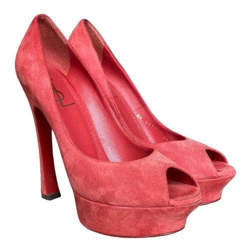 NEW YVES SAINT LAURENT Palais Coral Suede Peep Toe Platform Pumps, Size 38.5
