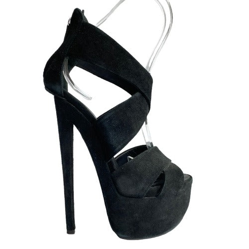GIUSEPPE ZANOTTI Black Suede Strappy Ultra High Platform Heel Sandals, Size 36.5