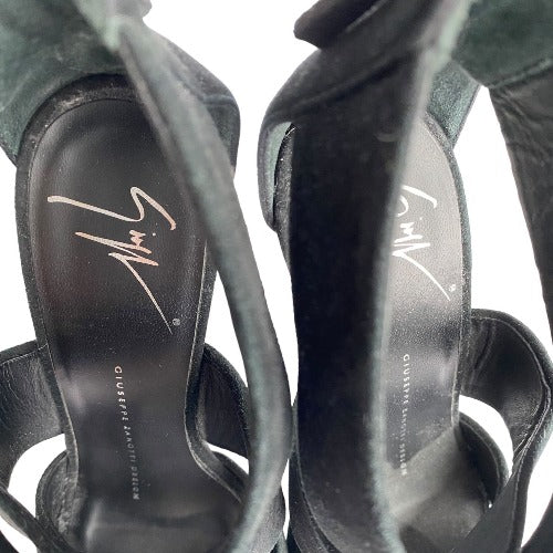 GIUSEPPE ZANOTTI Black Suede Strappy Ultra High Platform Heel Sandals, Size 36.5