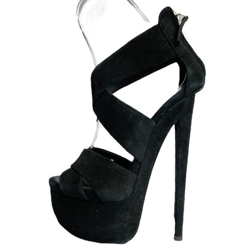 GIUSEPPE ZANOTTI Black Suede Strappy Ultra High Platform Heel Sandals, Size 36.5