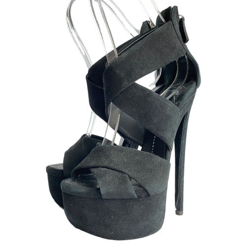 GIUSEPPE ZANOTTI Black Suede Strappy Ultra High Platform Heel Sandals, Size 36.5
