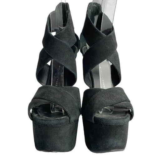 GIUSEPPE ZANOTTI Black Suede Strappy Ultra High Platform Heel Sandals, Size 36.5