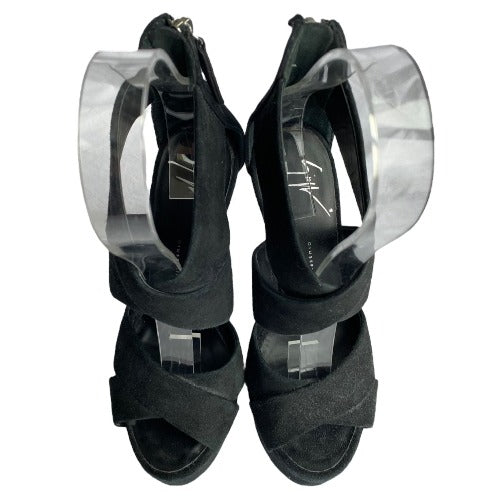 GIUSEPPE ZANOTTI Black Suede Strappy Ultra High Platform Heel Sandals, Size 36.5