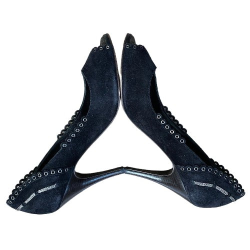 CHANEL Black Suede Eyelet Studded Peep Toe Pumps, Size 38.5