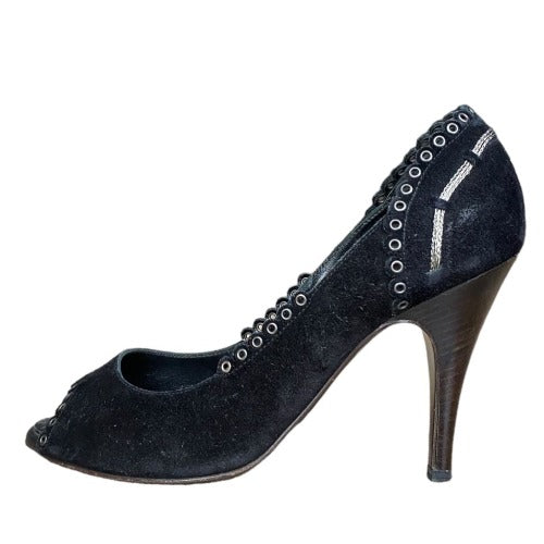 CHANEL Black Suede Eyelet Studded Peep Toe Pumps, Size 38.5